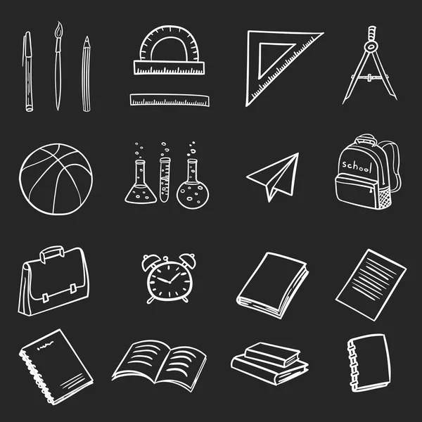 Set von Symbolen mit Schulelementen bei der Rückkehr in die Schule im Doodle-Stil isoliert auf schwarzem Hintergrund. Vektorillustration — Stockvektor