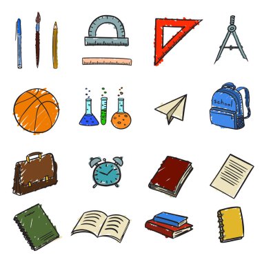 renk izole Doodle tarzında okula dönüş okul elemanları ile simgeler kümesi. Vektör Illustration