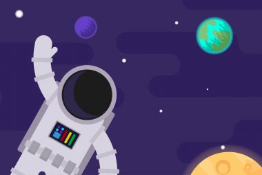 Uzay ve gezegenlerin arka planına karşı astronot. Vektör düz illüstrasyon