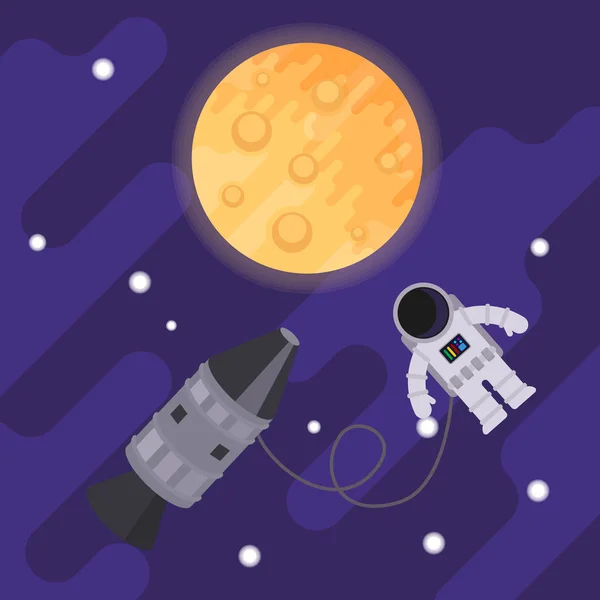Astronauta y cohete en el espacio abierto en el fondo de la luna. Ilustración plana del vector — Vector de stock