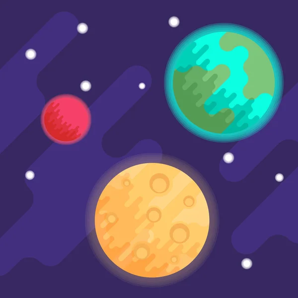 Planety země a Mars, stejně jako měsíc na pozadí vesmíru a hvězd. Vektorové ploché ilustrace — Stockový vektor