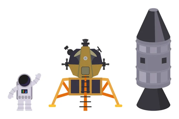 Geïsoleerd op witte achtergrond set van ruimte objecten: astronaut, Lunar module en raket. Vector platte illustratie — Stockvector