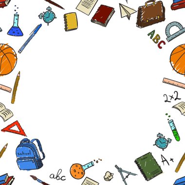 Renk Doodle tarzında okula dönüş okul elemanları ile metin için yer. Vektör Illustration