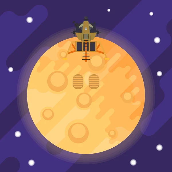 Lunar module en voetafdrukken van de eerste man op de maan. Vector platte illustratie — Stockvector