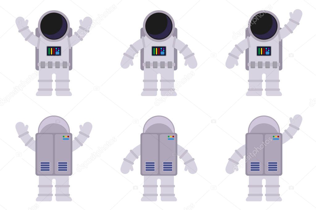 Isolated images of an astronaut in different poses, from the front and back. Vector flat illustration