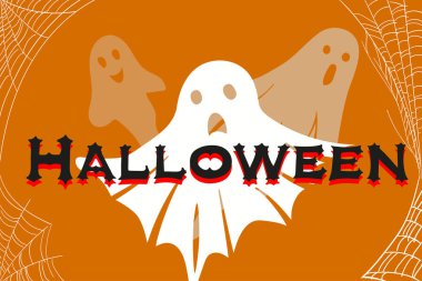 Hayaletler ve örümcek ağları ile Cadılar Bayramı partisine davetiye. Vektör karikatür illüstrasyon