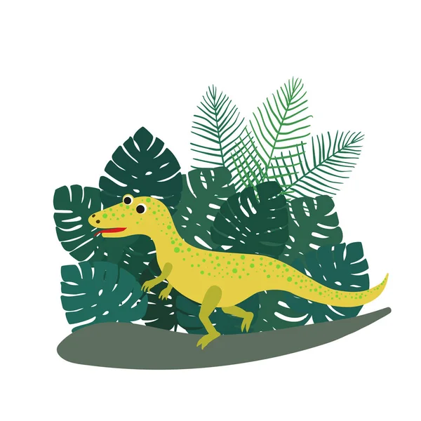 Lindo dinosaurio de dibujos animados ceratosaurus en el fondo de arbustos de hojas de palma tropical. Ilustración vectorial — Vector de stock