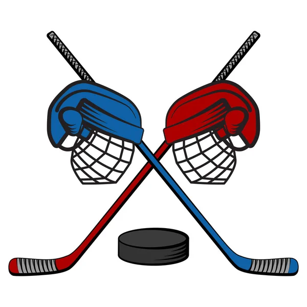 Het logo van de Hockey confrontatie, met clubs, helmen en Puck. Twee teams. Vector cartoon illustratie. Rechtenvrije Stockillustraties