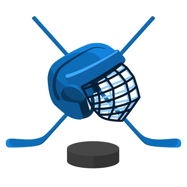 El logo de la confrontación de hockey, con palos, cascos y disco. Dos equipos. Ilustración plana del vector — Vector de stock
