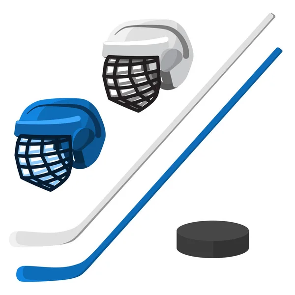 Un juego de equipo de hockey para dos equipos. Palos, cascos y disco. Ilustración plana del vector — Archivo Imágenes Vectoriales