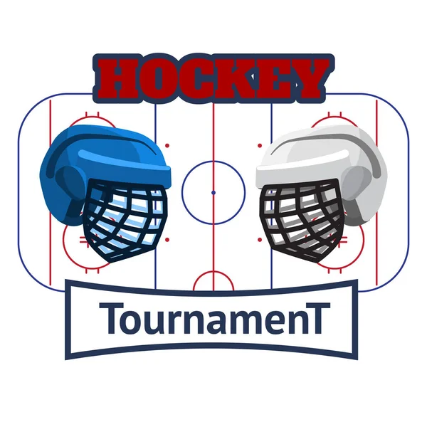 El logo de la confrontación de hockey, con palos, cascos y disco. Dos equipos. Ilustración plana del vector . — Vector de stock