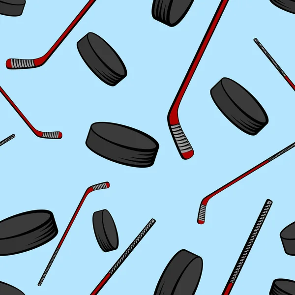 Patrón sin costura de hockey con palos y discos, ilustración vectorial — Vector de stock