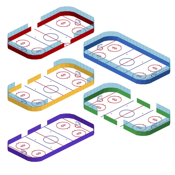 Conjunto de arenas de hockey multicolor en isométrico aislado sobre fondo blanco. Ilustración vectorial — Vector de stock