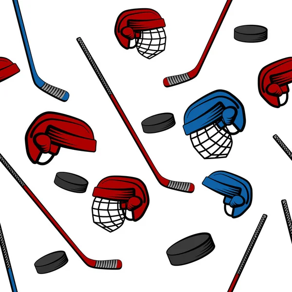Patrón sin costura de hockey con palos, discos y cascos, ilustración vectorial — Vector de stock