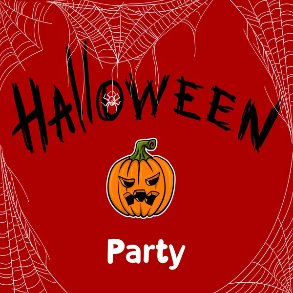 ハロウィーンパーティーレタリング、カボチャとクモの巣、赤い背景にテンプレートとグリーティングカード。ベクトルイラスト — ストックベクタ