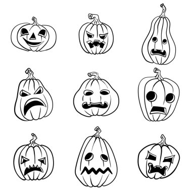 Cadılar bayramı balkabakları seti, komik yüzler. Sonbahar tatili. Vektör illüstrasyonu