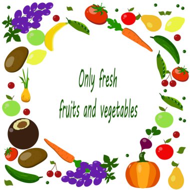 üzüm, limon, elma, kiraz, salatalık, domates, patates, bezelye, kabak, soğan, hindistan cevizi, armut, havuç, beyaz bir arka plan üzerinde yaprakları