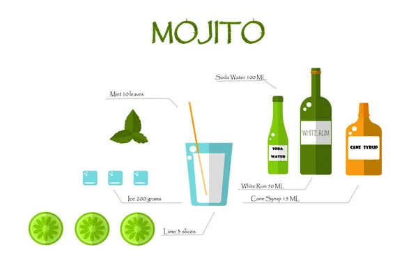 Receita Mojito Plana Garrafas Vidro Limão Hortelã Gelo Sobre Fundo —  Vetores de Stock