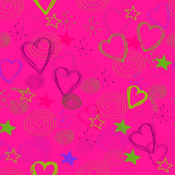 Fondo Sin Costuras Corazones Estrellas Otros Garabatos Sobre Fondo Rosa — Vector de stock