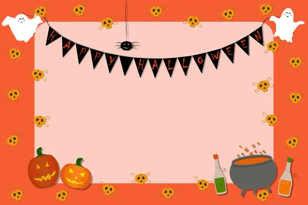 Cartaz Convite Para Halloween Crânios Garrafas Fantasmas Abóboras Caldeirão Aranha —  Vetores de Stock