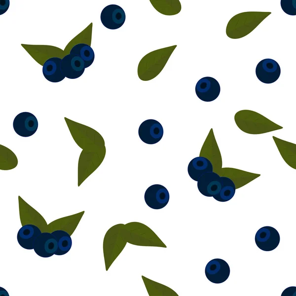 Nahtloses Muster Blaubeeren Und Blätter Auf Weißem Hintergrund Flacher Vektor — Stockvektor
