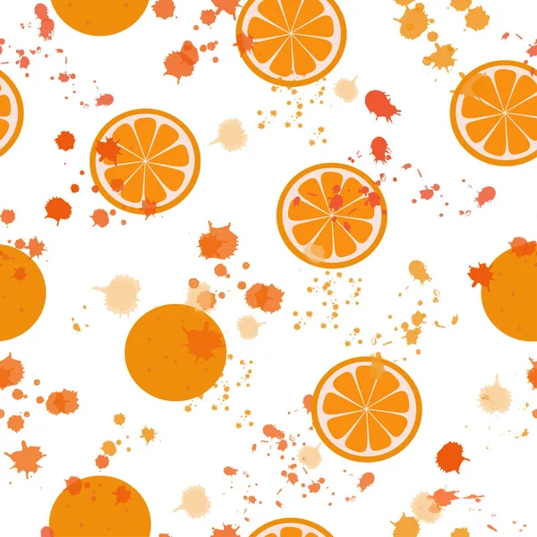 无缝图案 在白色背景上分离的橙子 橙片和橙色的污点 平面矢量 可用作织物上的打印 — 图库矢量图片