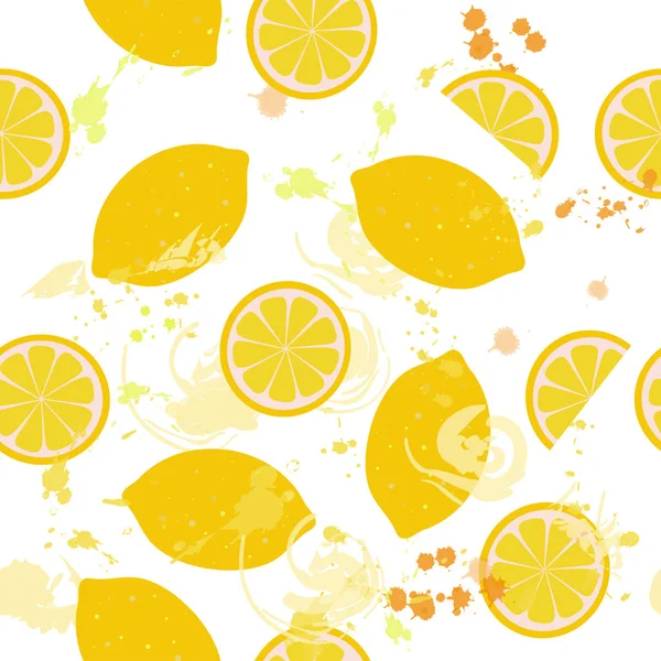 Бесшовный Рисунок Изолированных Лимонов Ломтиков Лимона Акварельными Пятнами Белом Фоне — стоковый вектор