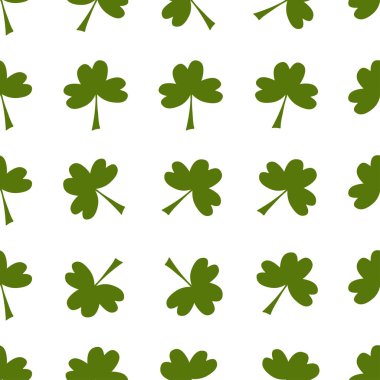 Dikişsiz desen: beyaz bir arka plan üzerinde izole yeşil yonca. Düz vektör. Illüstrasyon.