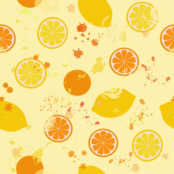 柑橘无缝图案 孤立的柠檬和橙子 在浅色背景上带有五颜六色的污点 平面矢量 — 图库矢量图片