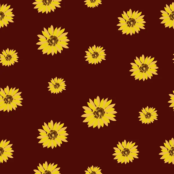 Seamless pattern: yellow flowers of sunflowers on a brown background. Vector. Illustration.
