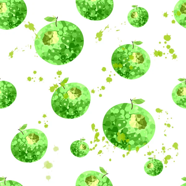 Naadloos Patroon Geïsoleerde Groene Appels Lage Poly Stijl Aquarel Vlekken — Stockvector