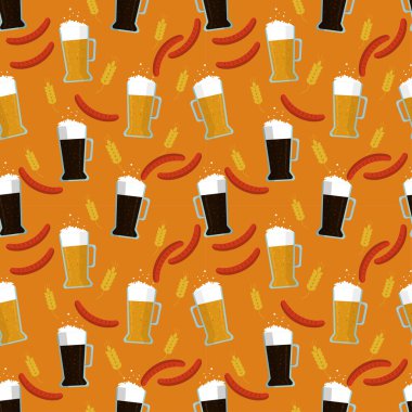 Dikişsiz desen: bira kupaları, sosis ve çavdar bir kum arka plan üzerinde. Düz vektör. Illüstrasyon