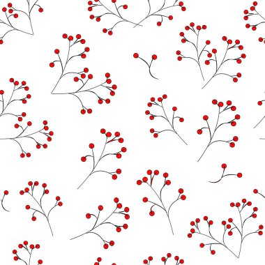 Dikişsiz desen: beyaz bir arka plan üzerinde siyah bir sap üzerinde kırmızı çilek. Vektör. Illüstrasyon. kumaş için baskı olarak kullanılabilir