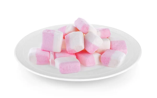 Marshmallows Placa Sobre Fundo Branco — Fotografia de Stock