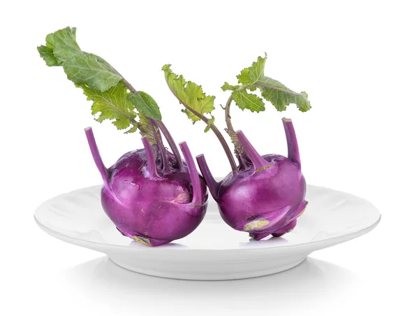 Purple Kohlrabi White Plate White Background — Stock Photo, Image