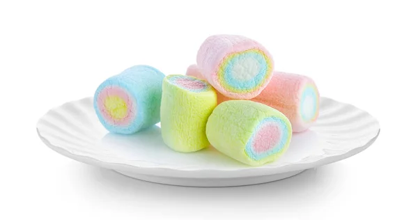 Marshmallows Weißem Teller Auf Weißem Hintergrund — Stockfoto