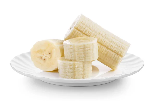 Plátek Banánů Bílé Desky Bílém Pozadí — Stock fotografie