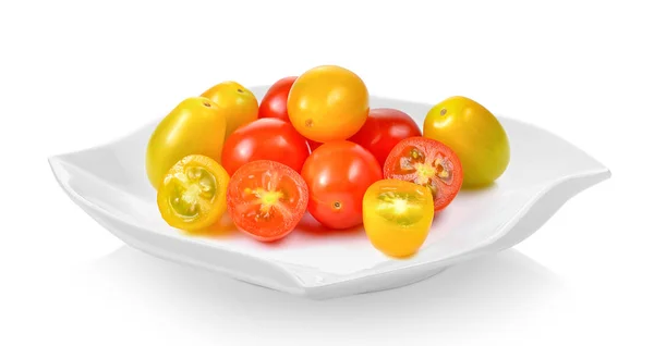 Tomates Rojos Amarillos Plato Sobre Fondo Blanco — Foto de Stock