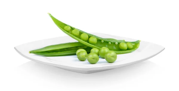 Fresh Green Peas Ceramic White Plate White Background — Stock Photo, Image