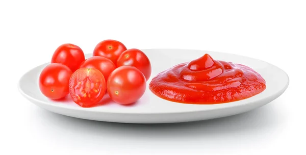 Tomate Und Soße Einem Teller Auf Weißem Hintergrund — Stockfoto