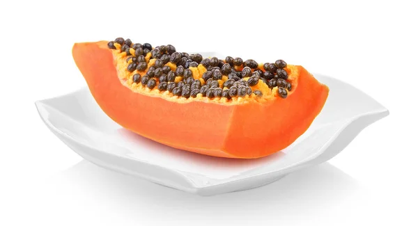 Rebanada Papaya Plato Sobre Fondo Blanco — Foto de Stock