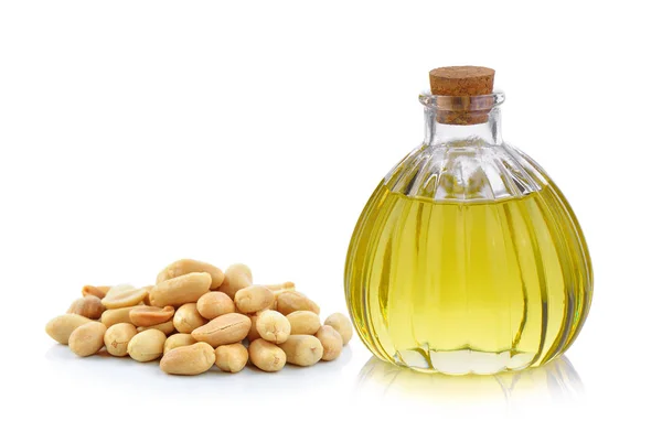 Oil Bottle Peanuts White Background — Stock Photo, Image