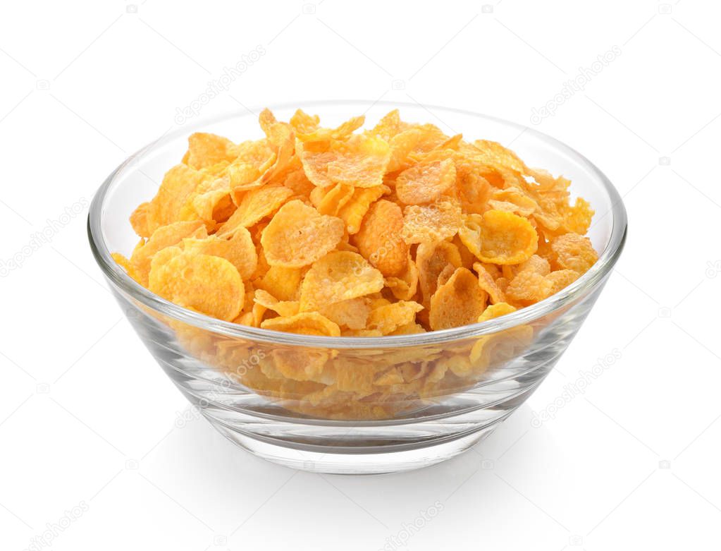  corn flakes in a bowl on white background