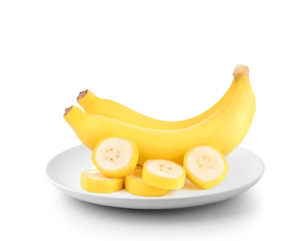 Banán Egy Tányér Elszigetelt Fehér Background — Stock Fotó