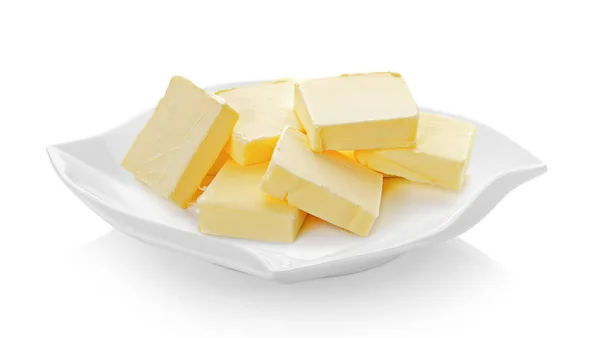 Beurre Dans Une Assiette Céramique Belle Forme Sur Fond Blanc — Photo