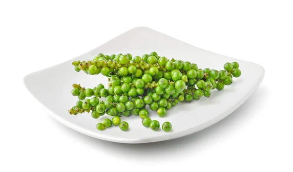 Bunches Fresh Green Peppercorn Plate Isolated White Background — Stock Photo, Image