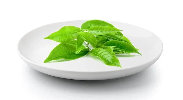 Φύλλα Τσαγιού Ένα Πιάτο Που Απομονώνονται Λευκό Φόντο — Φωτογραφία Αρχείου