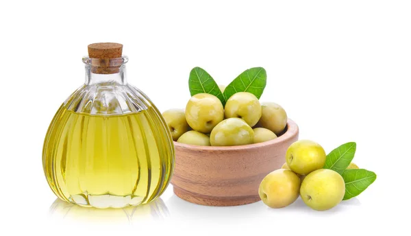 Zelené Olivy Oleje Bílém Pozadí — Stock fotografie