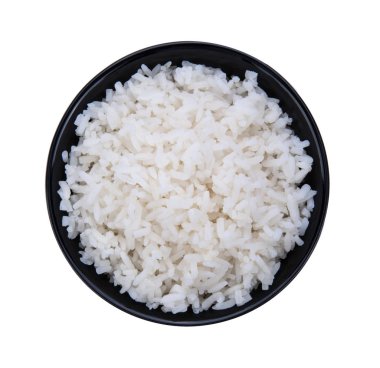 Beyaz arka planda siyah kase pilav