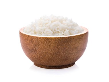 rice in wood bowl on white background clipart